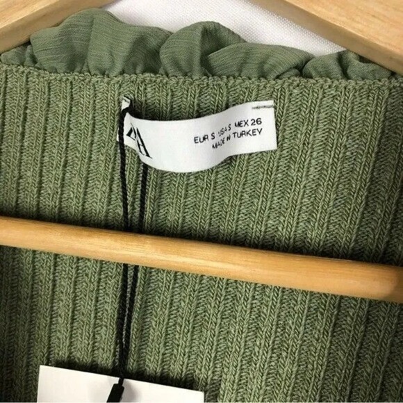 Zara Green Ribbed Ruffle Trim Cardigan Sweater S - Picture 5 of 5